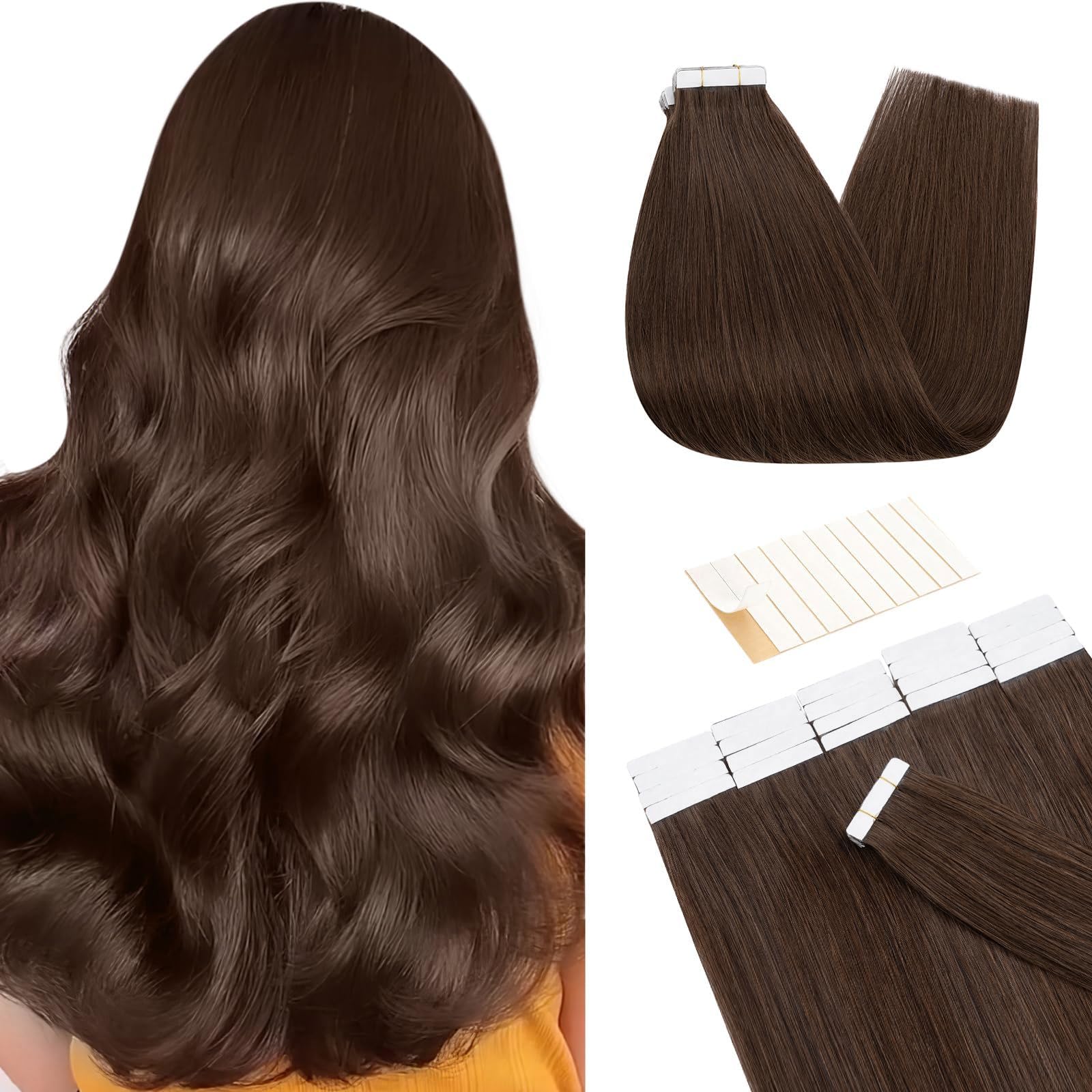 TESS Tape in Hair Extensions Human Hair 10 PCS #04 Medium Brown - 12 Inch Seamless Invisible Real Hair Extension Straight 20g — image 1