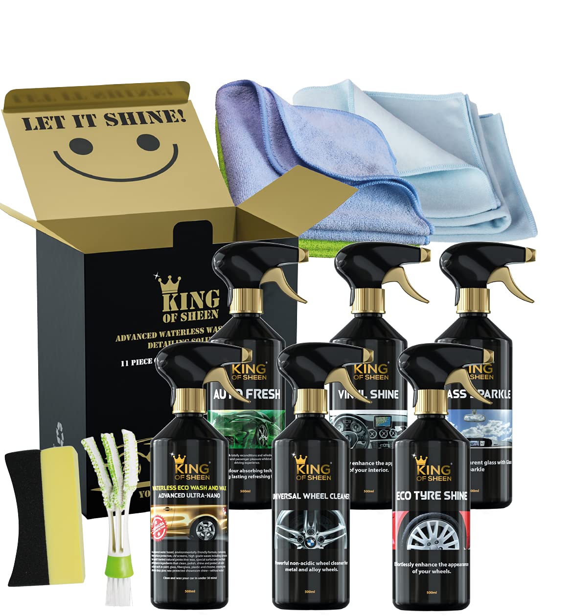 King of Sheen Waterless 11 Piece Car Cleaning Kit, to Clean Your Entire Vehicle to a showroom Standard. Ideal Car Gift Set for the Car Enthusiast