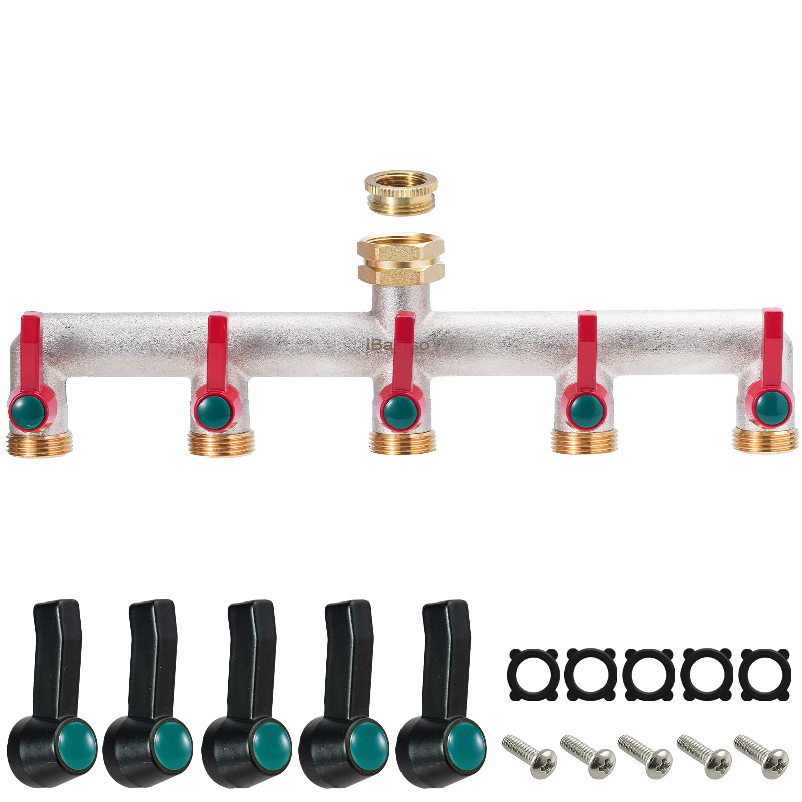 iBamso Brass 5 Way Hose Splitter with 5 Individual Valves and Extended Handle, 3/4" Hose Tap Connection for Garden Faucet and Laundry Room