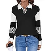 LOMON V Neck Long Sleeve Loose Sweaters Color Block Striped Knitted Pullover Jumper Tops