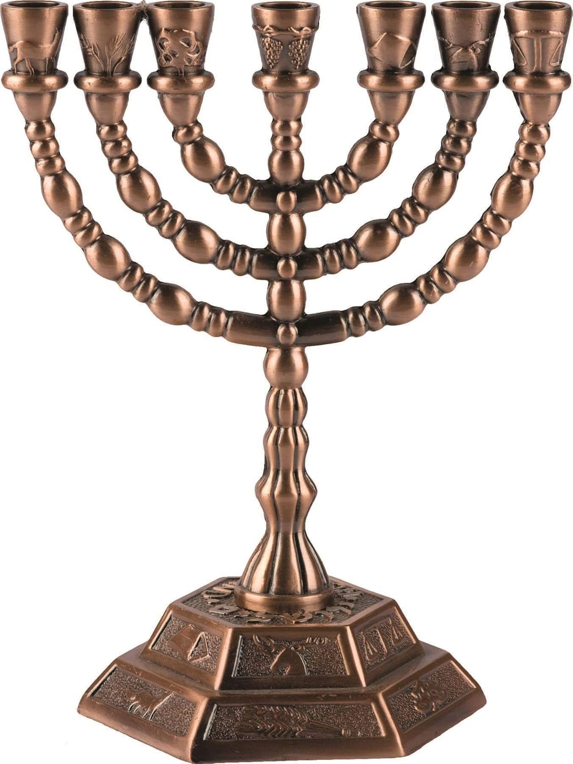 Karshi 7 Branch Jerusalem Menorah with 12 Tribes Design, Copper, 13