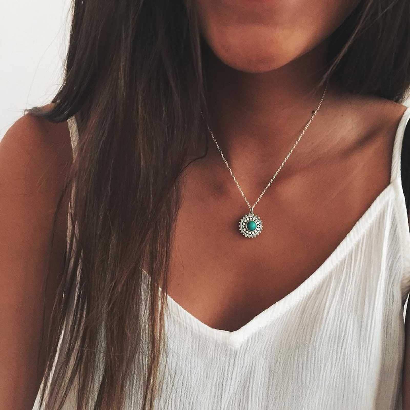 Yienate Boho Turquoise Necklace Chain Dainty Disc Sun Turquoise Bead Ball Pendant Fashion Charm Necklace Jewelry for Women and Girls (Gold)