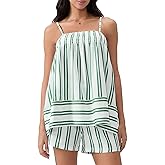 Wyeysyt Women 2 Piece Lounge Set Striped Pajama Set Ruffle Hem Cami Tops and Stripe Boxer Shorts Pj Set Sleepwear(Green-L)