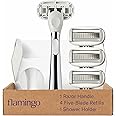 Flamingo Razors for Women, 1 Women's Razor Handle (Chrome), 4 Razor Five-Blade Refills, and 1 Shower Holder