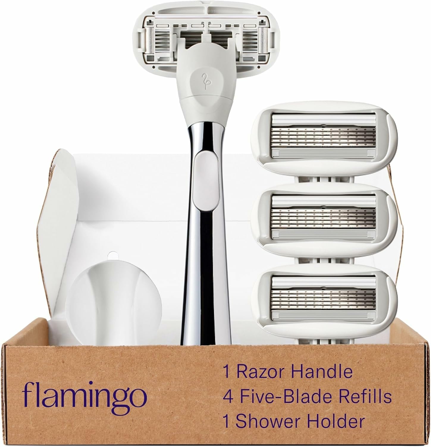 Photo 1 of Flamingo Shaving Razor Set for Women - Razor Handle, 4 Razor Blade Refills, Shower Holder - Chrome