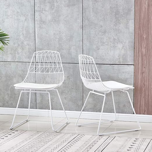 Amazon Com Ahumans Modern Dining Chairs Set Of 2 Iron Wire Frame Patio Chairs Dining Chairs With Pu Seat Cushions Metal Patio Furniture For Outdoor And Indoor Use White Kitchen Dining