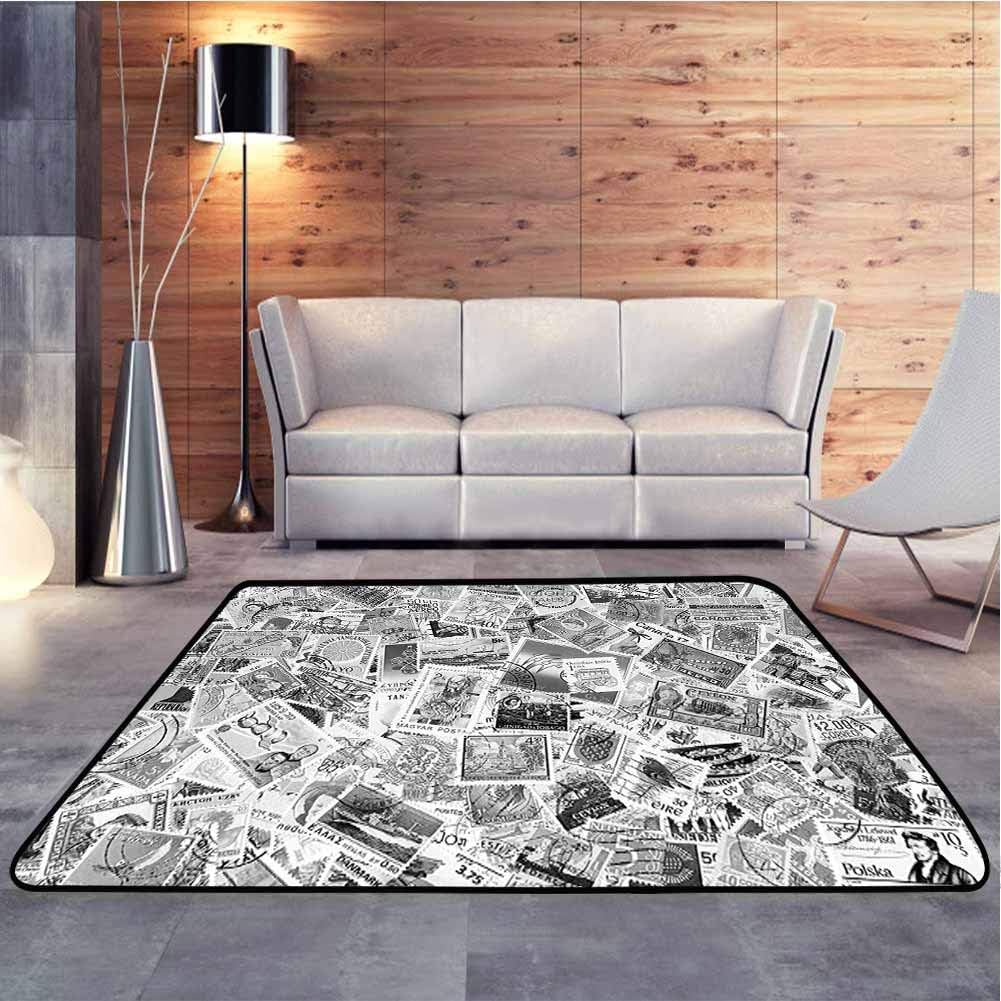 Area Rug Vintage Black and White Image of Large World Postage Stamps Travel Hobby Theme Faux Fur Rug Bedside Rugs Suitable for Children Bedroom, 4 x 6 Feet