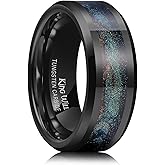 King Will Black Tungsten Wedding Ring for Men Women- 8mm Width Wedding Band Beveled Edge with Multicolor Sand Inlay in Waves/Fire Pattern Comfort Fit Size 7-13