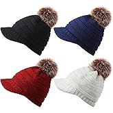 Zhanmai 4 Pcs Women Ribbed Knit Hat with Brim Pom Pom Brim Beanie Hats Soft Warm Slouchy Beanie Cap with Visor for Winter Outdoor, 4 Colors