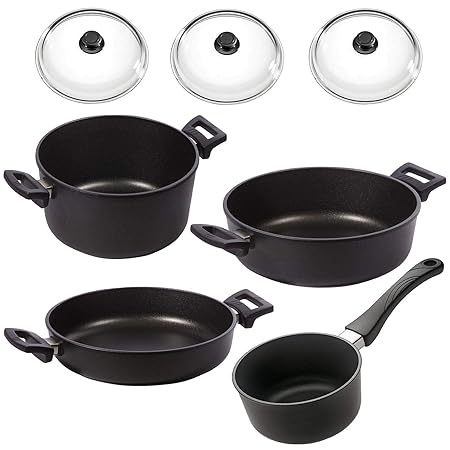 Eurolux Kochtopf Set Induktion 7-teilig antihaft Aluguss Bratentopf Kochtopf Kasserolle Stieltopf (Griff abnehmbar) PFOA frei