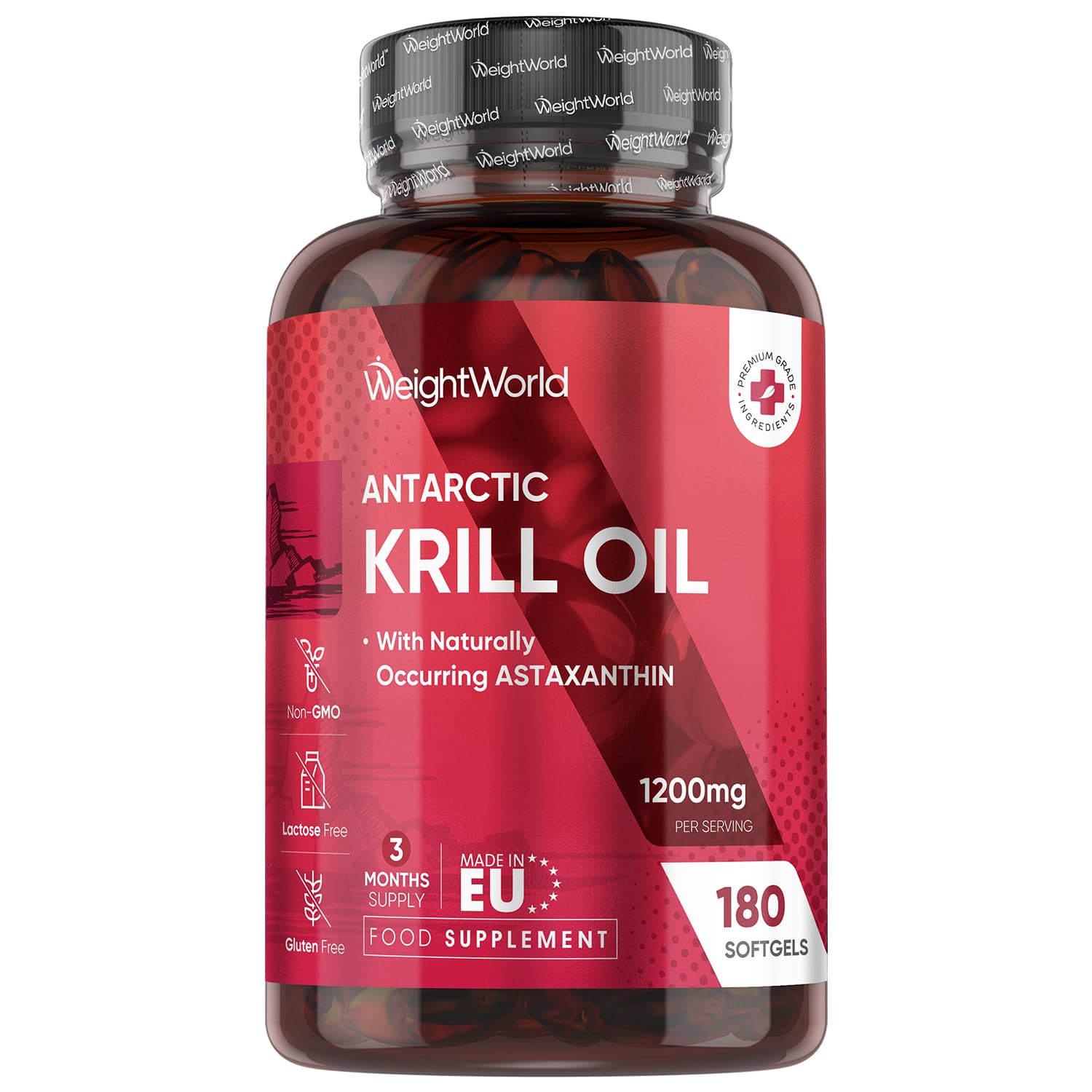 Antarctic Krill Oil Capsules - 1200mg - 3 Months Supply - 180 Red Krill Oil Softgels - Omega 3 Fatty Acids Supplements - Providing Astaxanthin, Marine Phospholipids, EPA, DHA & Choline