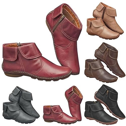 Ankle Boots for Women UK – Wide Fit Waterproof Leather Short Boots with Low Heel Wedge, Classic Side Zipper Non-Slip Casual Booties, Elegant Pointed Toe Half-Height Rain Shoes