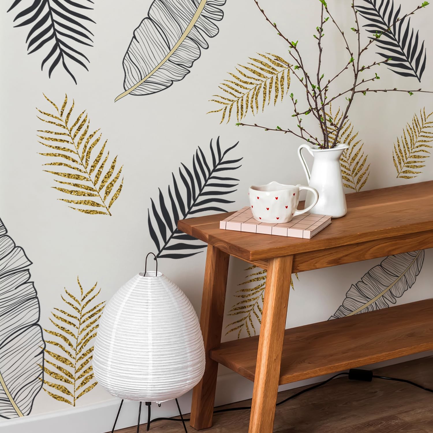Photo 1 of LiveInUrban Peel and Stick Watercolor Boho Tropical Leaves Wall Decals, Self Adhesive Hand Drawn Wall Stickers for Bedroom Living Room Decoration, No Transparent Border, Tropical Leaves, 14.96"X51.18"
