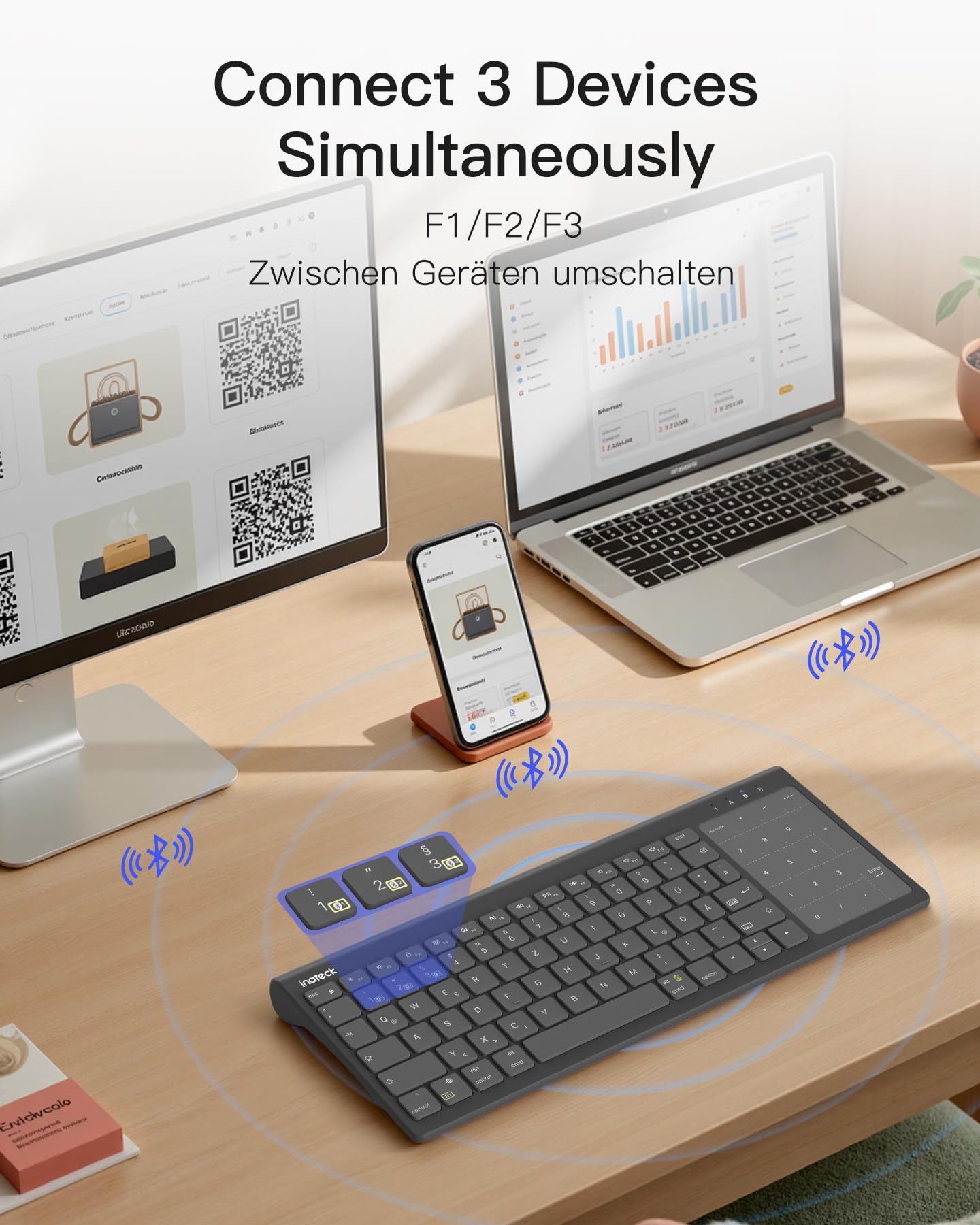 Inateck Tablet Tastatur, 2-IN-1 Ziffernblock&TouchpadVersteckter Ständer, 3 BT-Kanäle, 7-Farben Hintergrundbeleuchtung,Kompatibel mit iPadOS/Samsung/Android/Windows 3