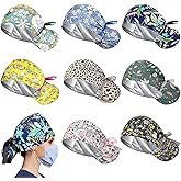 8Pcs Satin Lined Scrub Caps Women, Surgical Caps for Women, Adjustable Scrub Hats Womens Ponytail with Button and Sweatband, Nurse Cap for Unisex, Working Cap, Elastic Ponytail Pouch Tie Back