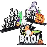 WUKIRI Set of 3 Happy Halloween Wooden Centerpiece Sign Decoration- Trick or Treat, Boo, Night Party Table Top Candy Wood Sig