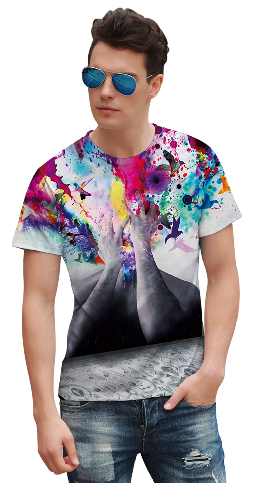Creative Thinker T-shirts for Men Women Digital Realistic Print Colorful Graffiti Paint Graphic Tees Loose Fit Crewneck Summer Novelty Casual Short Sleeve Tops Retro Sportstyle Loose Fit Undershirts M
