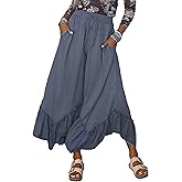 STURWBEZ Womens Wide Leg Palazzo Pants Baggy Lounge Ruffled Hem Adjustable Drawstring Culotte Trousers with Pockets(Bluegrey-S)