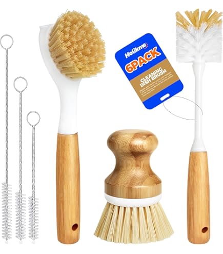 Holikme 3 Pack Dish Brush Set With Bamboo Handle - Kitchen Scrub Brushes For Pots, Pans, Sinks