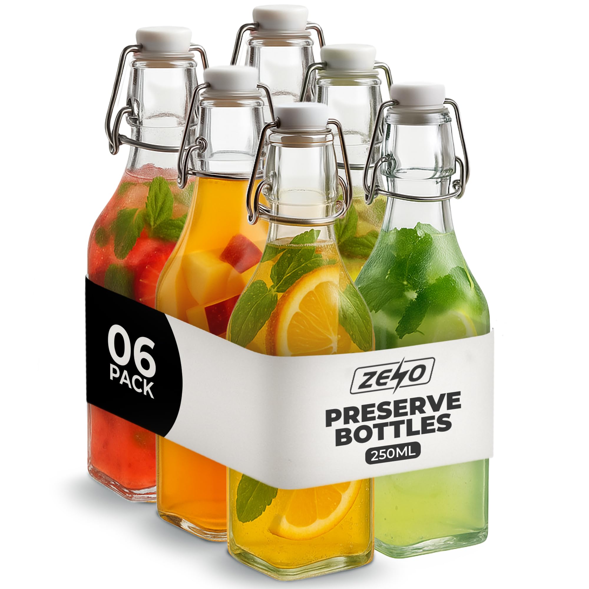 ZENO 250ml Glass Bottles with Stoppers 6 Pack | Clip Top Preserve Bottles | Airtight Glass Cruet Dispenser Bottle | Ideal for Home Brewing | Vintage Style Vacuum Clip Seal | Dishwasher Safe