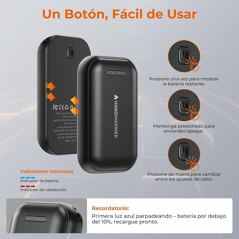 Aquecedores de mãos magnéticos recarregáveis 2 em 1 - 6000mAh, 3 níveis de aquecimento 45/50/55°C, USB-C, Aquecimento 3s, para exterior e frio, oferta para mulheres, preto