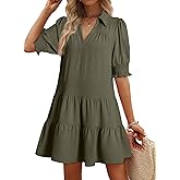 Dokotoo Casual Dresses for Women Lapel Collared V Neck Mid Sleeved Pleated Summer Dresses for Women 2026 Midi Dresses