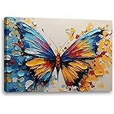 2D No Texture Colorful Painting Butterfly Canvas Wall Art, Blue Yellow Wall Decor, Cute Butterfly Picture for Wall Living Room Bathroom Bedroom Home Decoration 16*24 in (Stretched Canvas on A Wooden Frame)