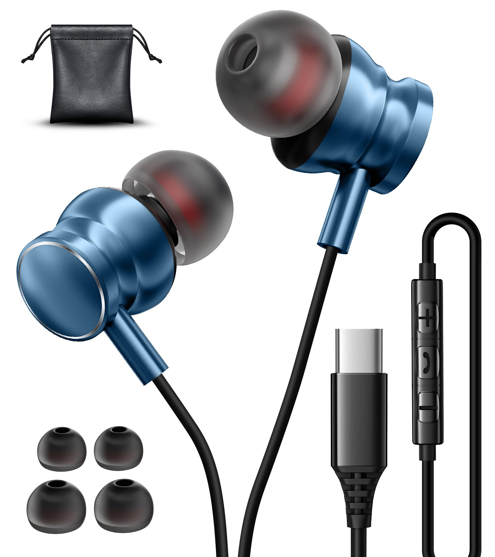 Photo 1 of USB C Wired Headphones for Samsung Galaxy S25/S24/S23/S22 Ultra, Stereo Type C Earphones with Mic Volume Control Noise Cancelling Wired Earbuds for iPhone 15/16 Pro Max for Google Pixel 9 Pro 8a, Blue