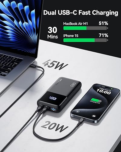 INIU Portable Charger, 20000mAh 65W Compact USB C Laptop Power Bank, PD QC  Fast Charging 3-Output Battery Pack