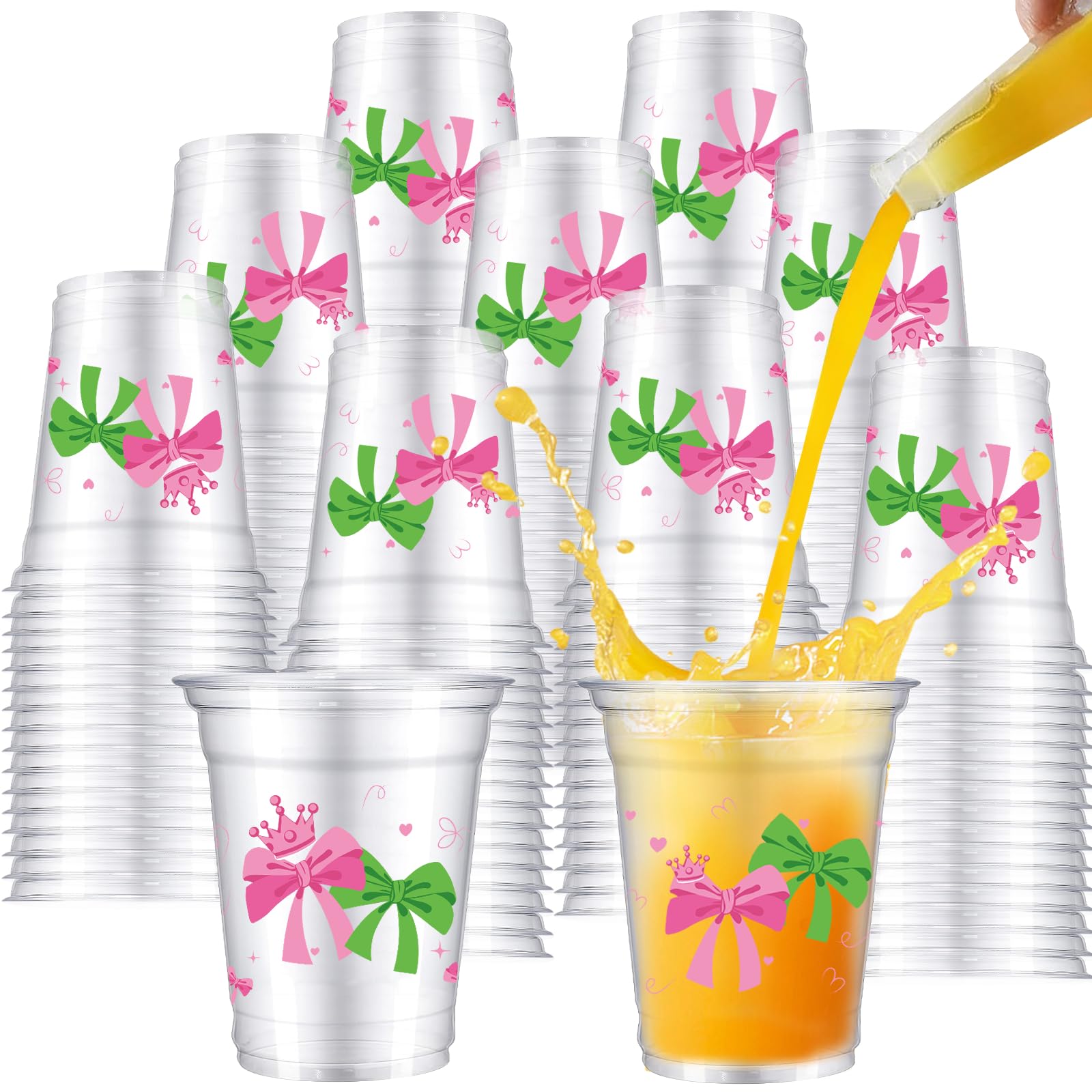 Photo 1 of *2 Pack* WPDISCZ 40Pcs Pink and Green Bow Crown Disposable Clear Plastic Cups Pink Bow Cups, Coquette Party Decorations for Beverage Bow Theme Birthday Party Supplies
