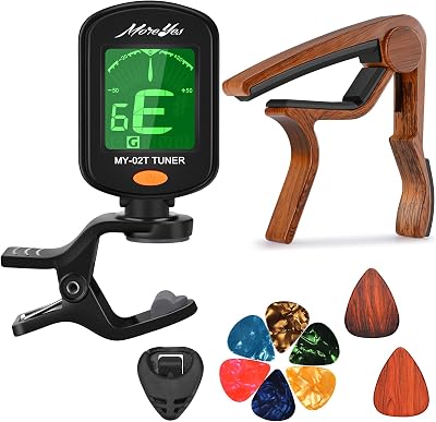 MOREYES Capo with Tuner for Acoustic/Electric Guitar, Bass, Ukulele, Wood Picks