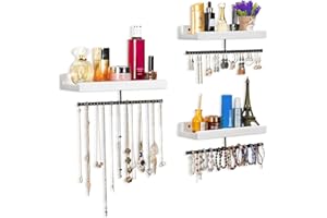 Miratino Jewelry Organizer Hanging Jewelry Holder Rustic Wood Wall Mounted Jewelry Storage for Necklaces Bracelets Earrings Rings Display Set of 3 Vintage White