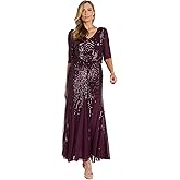 R&M Richards Women's Long Sequin Beaded Blouson Dress W/Mesh Godet Inset & Sheer Sleeves - Cocktail Party Gala Night