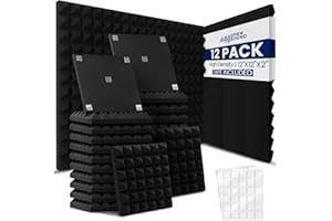 Kaspien Sound | 12 Pack | 12x12x2inch | High Density Acoustic Foam Wall Panels | Pyramid Shape | Double Sided Adhesive Tape | Sound Absorbing Acoustic Panels | Sound Proof Foam Panels For Walls
