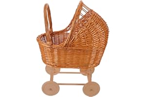Cabilock Retro Rattan Stroller Wicker Carriage Doll Toy Pram for Flower Girls Weddings Decorative Handle