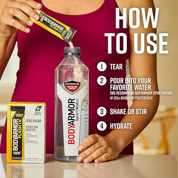 BODYARMOR FLASH IV ELECTROLYTE PACKETS, TROPICAL PUNCH – ZERO SUGAR DRINK MIX, SINGLE SERVE PACKS, COCONUT WATER POWDER, HYDRATION FOR WORKOUT, TRAVEL ESSENTIALS, JUST ADD STICKS TO LIQUID (15 COUNT)