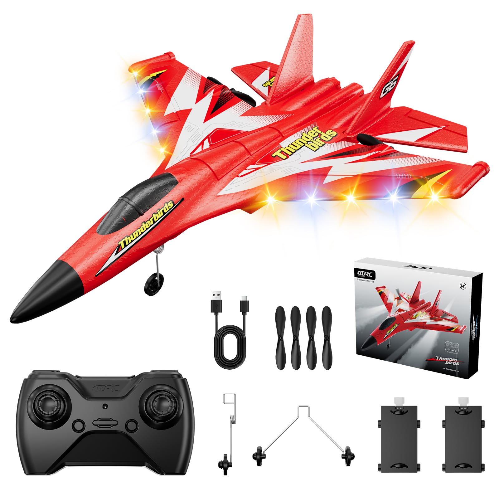 4DRC G6 RC Plane with 2 Take-off Modes, 2 Batteries and Light, 2.4GHz 2 Channel Foam Remote Control Airplane Planes RTF Glider Fighter Jet Toys Gift for Kids 8-12 Beginners Boys Adults, Red