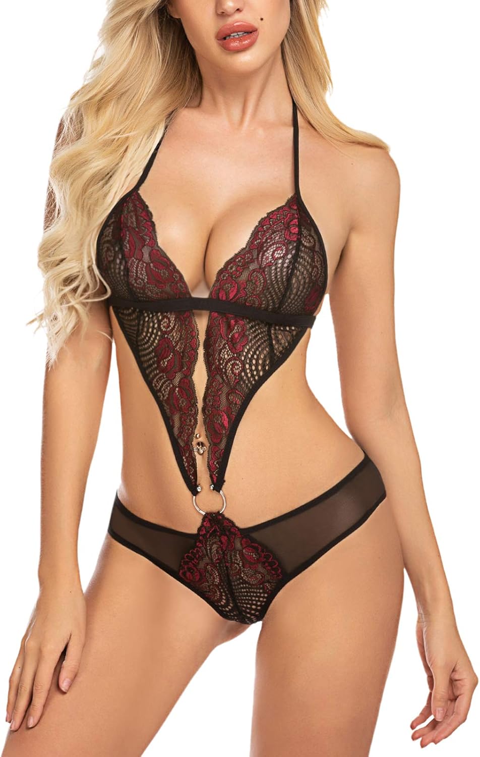 ADOME Women Lingerie Teddy Lace Bodysuit Deep V Halter One Piece Babydoll at  Women’s Clothing store