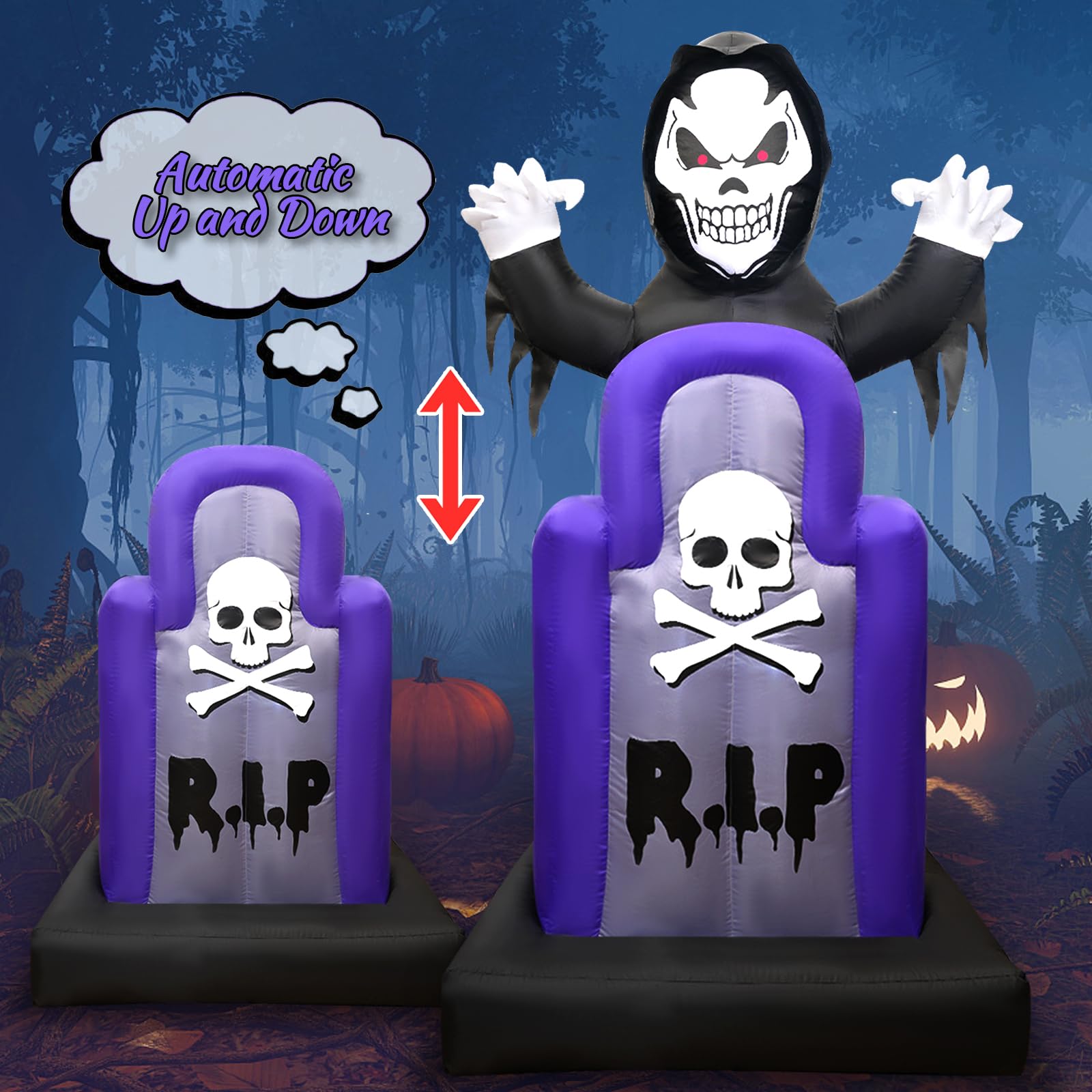 Photo 1 of 5.5FT Halloween Inflatable Decoration Outdoor Animated Tombstone Blow Ups Grim Reaper Pop Up Decor with Build-in LED Light Lighted Scary Ghost Blowups for Holiday Party Yard Garden Lawn Outside Indoor