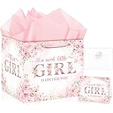 Extra Large Baby Girl Gift Bag Square Jumbo Pink Floral Baby Shower Bag with Wrapping Paper Card Sticker Envelope for New Baby Girls, Daughter, Granddaughter, Niece, Gifts for Newborns Party Favors