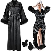 Cutecrop 2 Pcs Satin Feather Robe and Fuzzy Slippers Bride Robe Long Silk Bath Robe for Women Wedding Bridesmaid