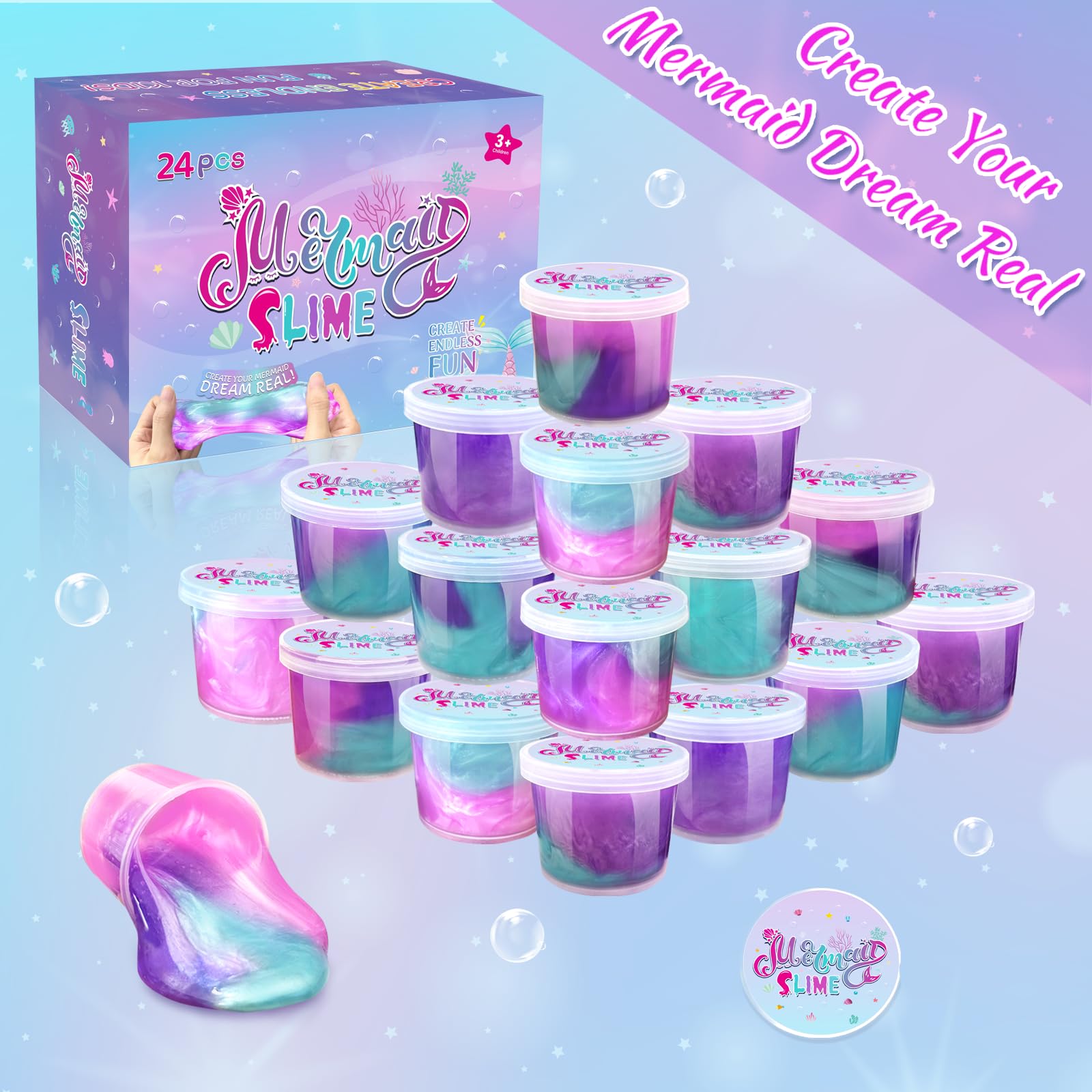 24 Pack Mermaid Slime Party Favors for Kids Slime Cup Bulk DIY Stress Relief Putty Toy Christmas Easter Birthday Goodie Bag Stuffer Classroom Reward for Girls Boys Stretchy Non-Sticky