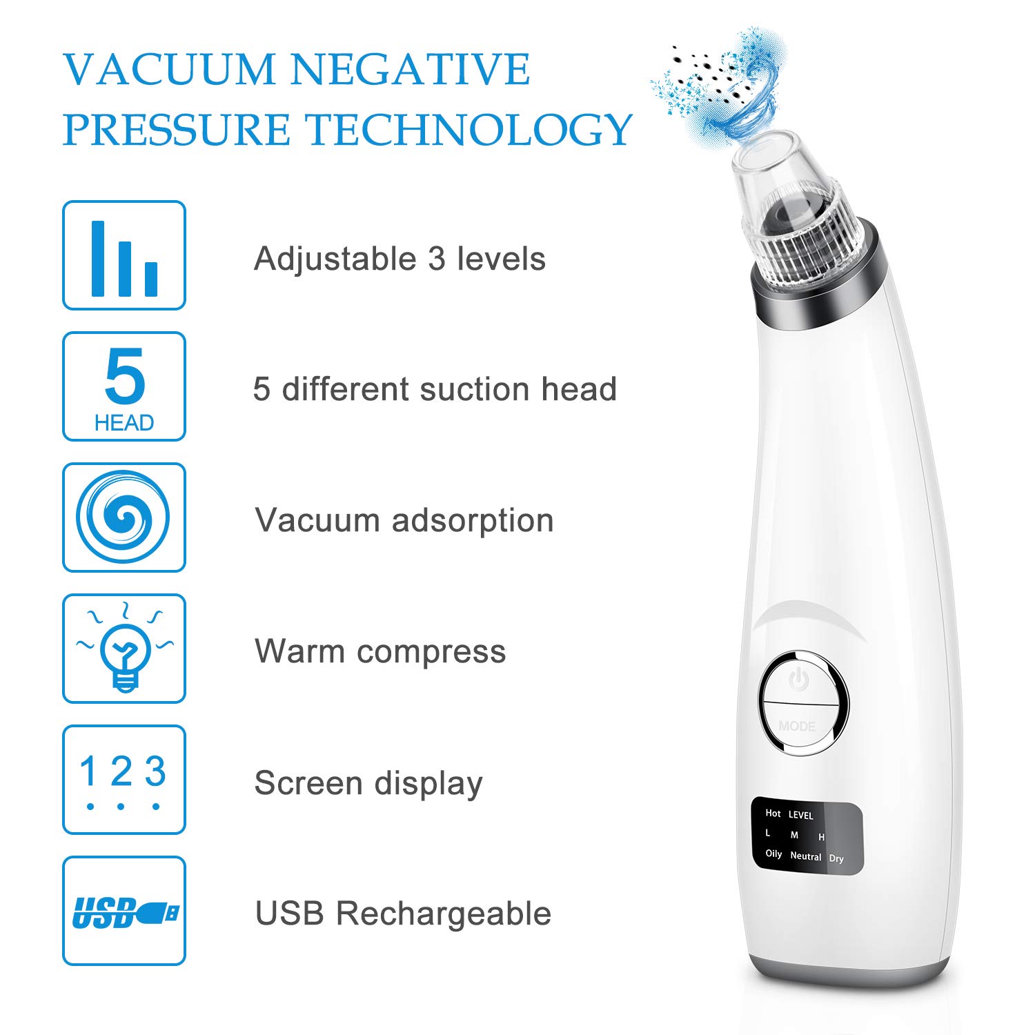 Blackhead Remover Pore Vacuum - JEXCULL Electric Blackhead Removal Tool Acne Extractor Facial Cleaner Suction Tools Kit for Women Men USB Rechargeable LED Display with 5 Suction Probes(Silvery white): Beauty