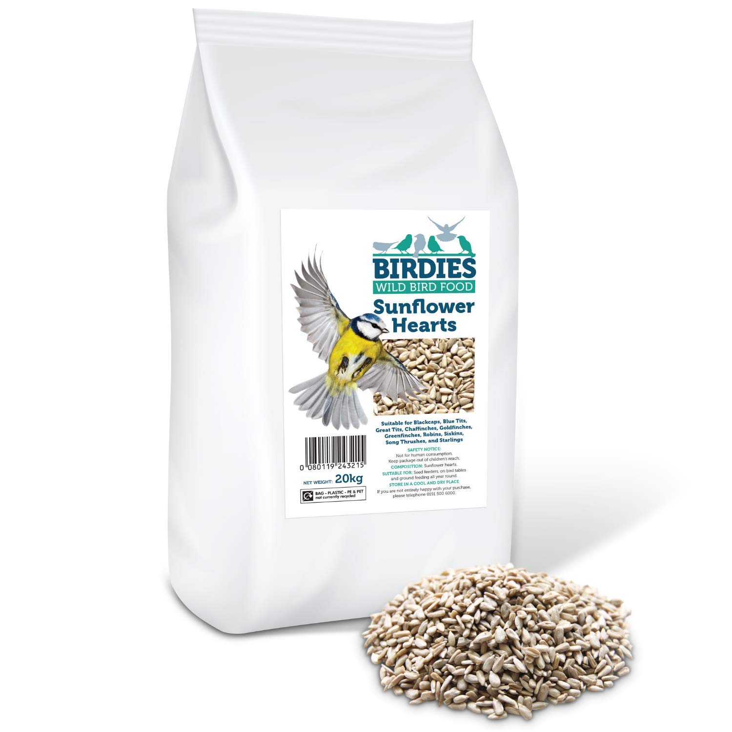 Birdies Sunflower Hearts- Bird Seed for Wild Birds -20kg Premium Husk Free Bakery Grade Kernels