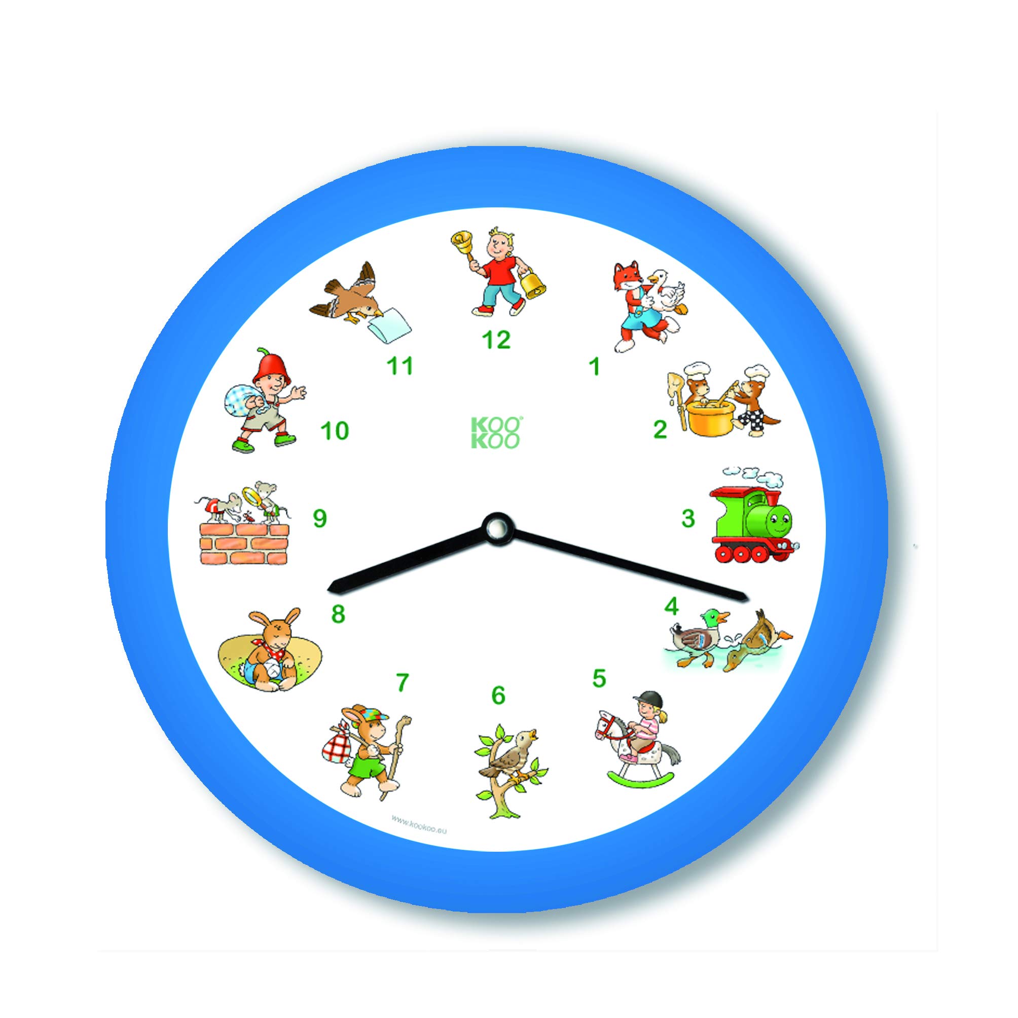 KOOKOO KinderLieder Blue, small wall clock, every hour sounds one of 12 well-known children's songs on zither and alto flute, small 21cm/8,4in clock with light sensor