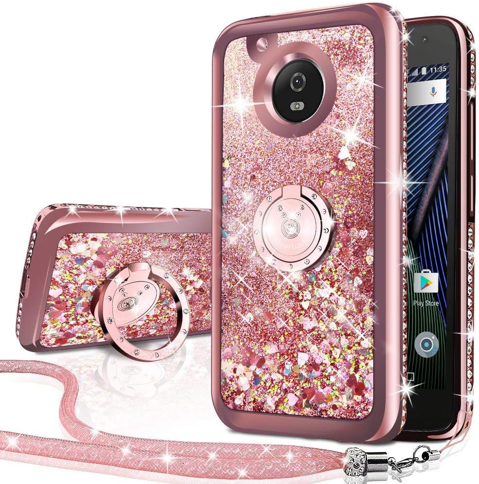 Silverback Moto E4 Case, Moving Liquid Holographic Sparkle Glitter Case with Kickstand, Bling Diamond Rhinestone Bumper W/Ring Stand Slim Protective Motorola Moto E4 Case for Girls Women -Rose Gold