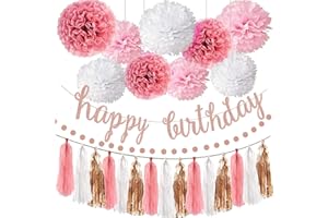 OuMuaMua Pink Rose Gold Birthday Party Decorations Set, Rose Gold Glittery Happy Birthday banner, Tissue Paper Pom, Circle Dots Garland and Tassel Garland for BDAY Party Decorations
