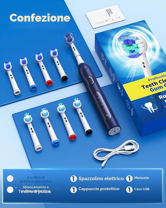 Spazzolino elettrico rotante per adulti con 8 testine (2 tipi) di potenza ricaricabile e 2 minuti di tempo intelligente, 4 modalità (Blunavy)