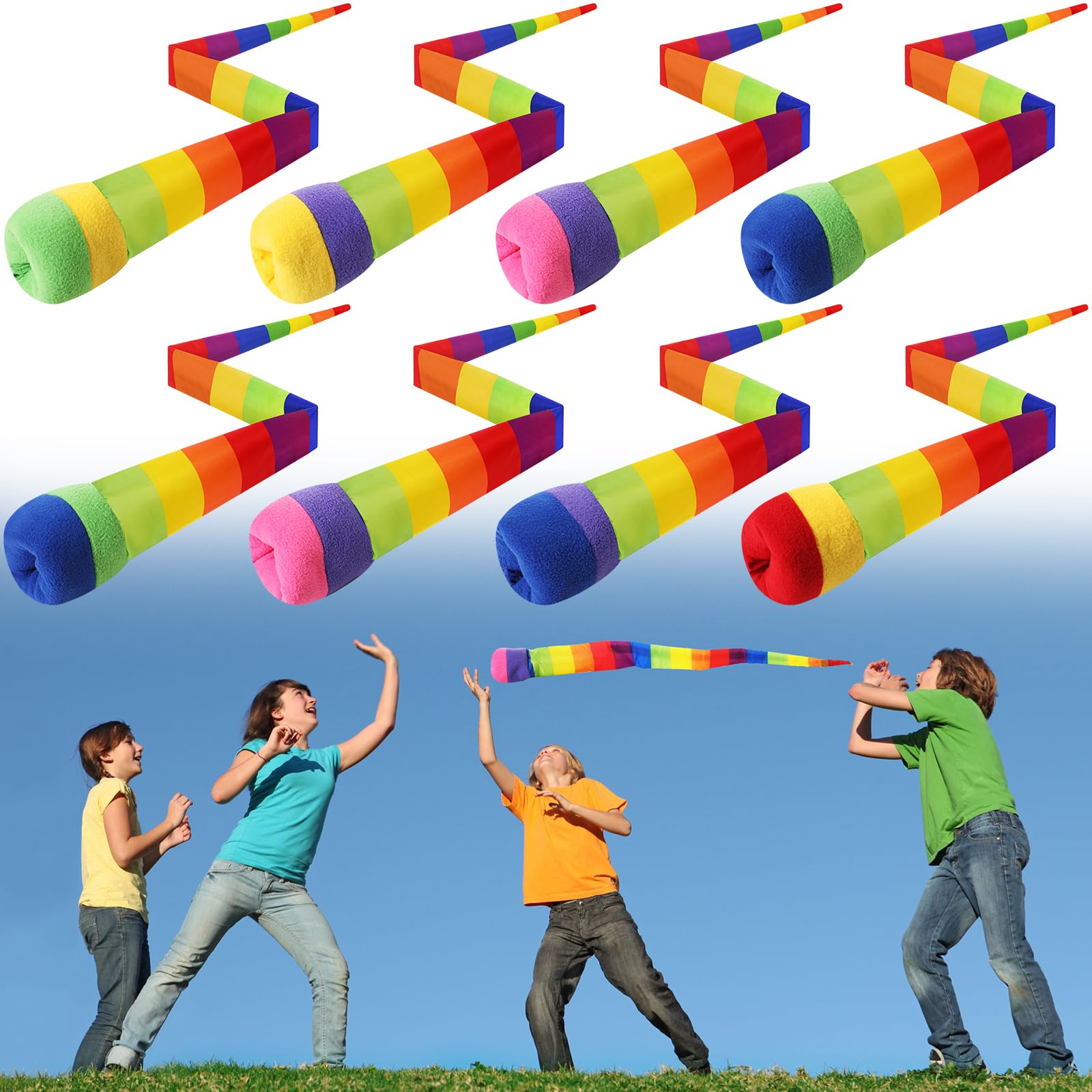 Photo 1 of Leyndo 8 Pcs 26 Inch Throw and Catch Balls with Rainbow Tail, Fun Colorful Sports Comet Balls Playground Toys for School Classroom Beach Outdoor Camping Healthy and Fun Games (Mixed Color)