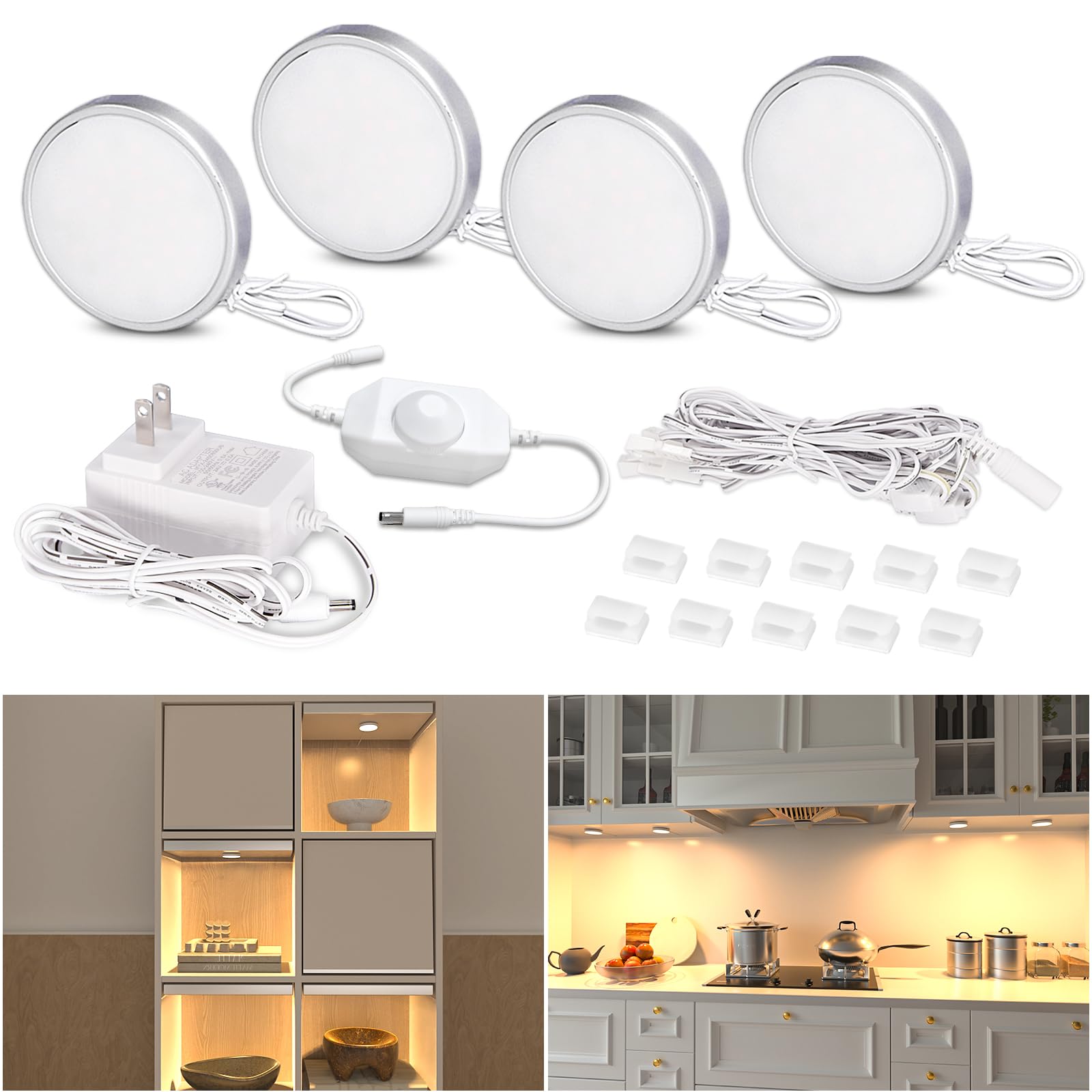 Photo 1 of WOBANE Dimmable LED Puck Lights, Under Cabinet Lighting with Switch, Plug in Under Counter Lighting for Shelf, Closet, Cupboard, Bookcase, Display, Super Bright, 2700K Warm White, 4 Pack